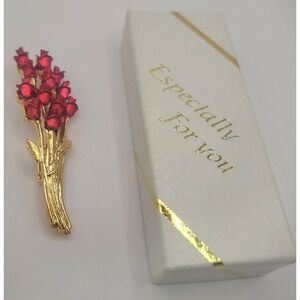 Vintage Red Rose Floral Bouquet Gold Tone Brooch/Pin Signed DM 97 NIB